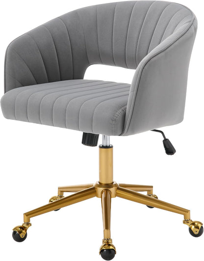 Red Velvet Swivel Desk Chair Adjustable Vanity Chair with Gold Base and Wheels