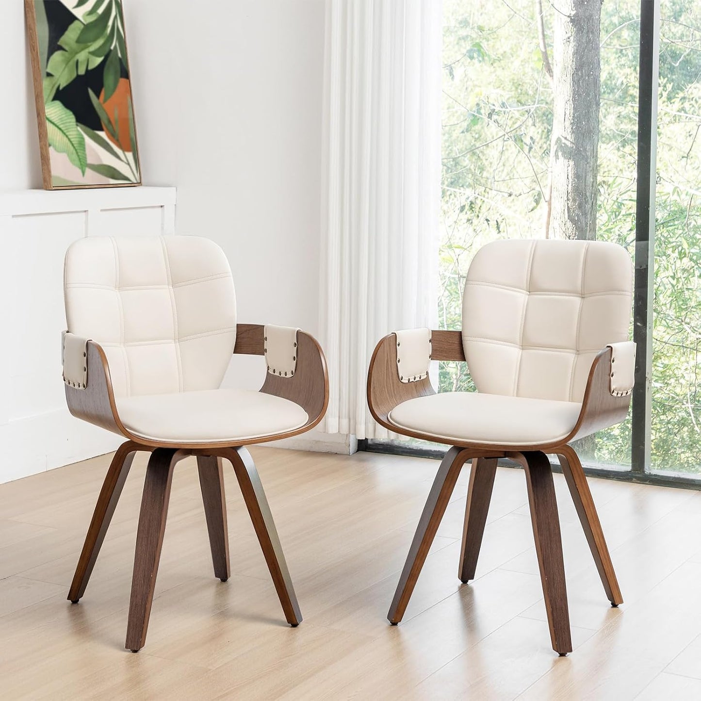 Walnut Brown Swivel Dining Chair with Arms Faux Leather Mid Century Chair