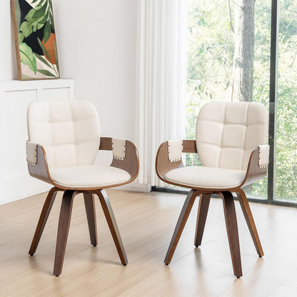 Walnut Brown Swivel Dining Chair with Arms Faux Leather Mid Century Chair