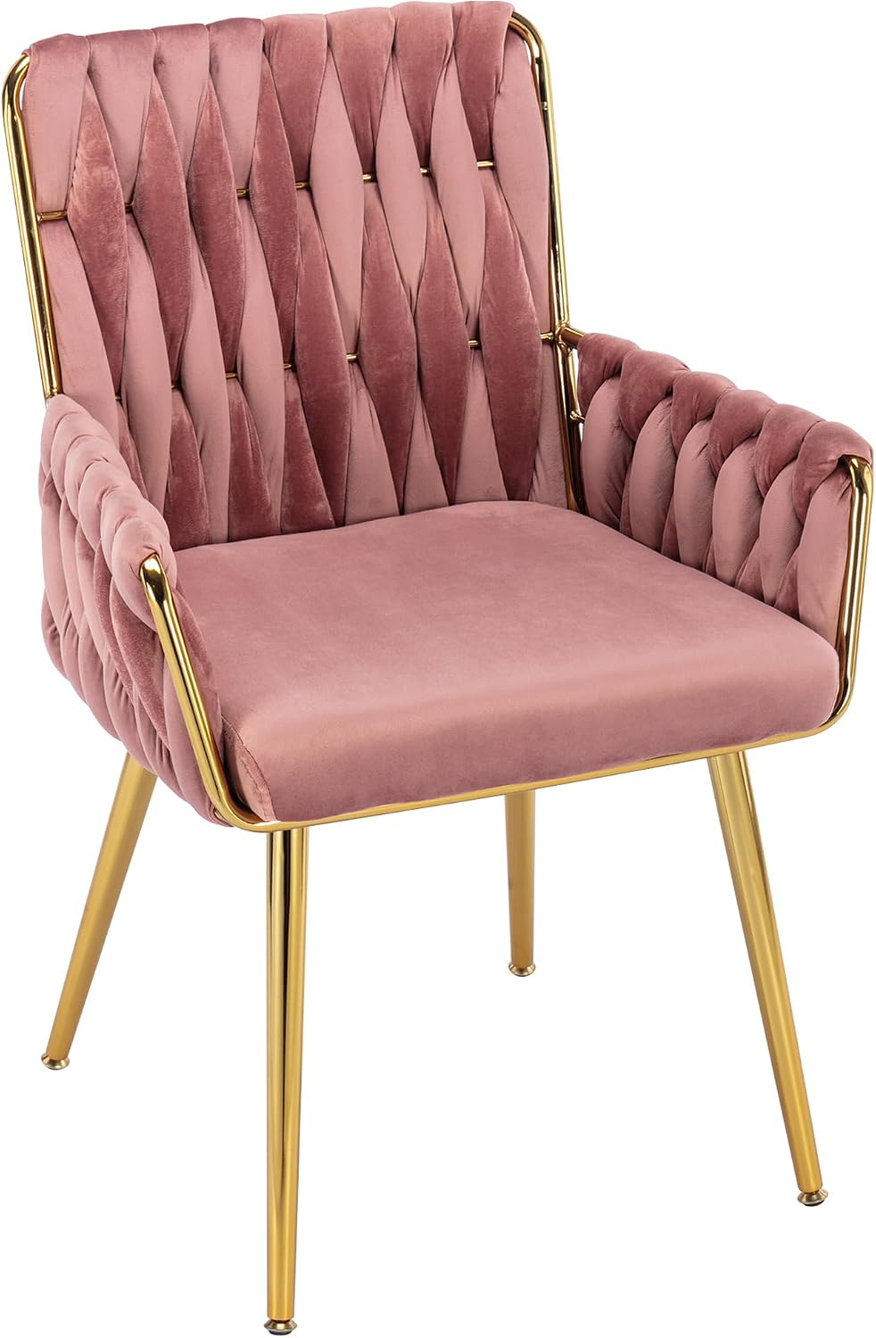 Beige Velvet Accent Chair Hand Woven Upholstered Armchair with Gold Metal Legs