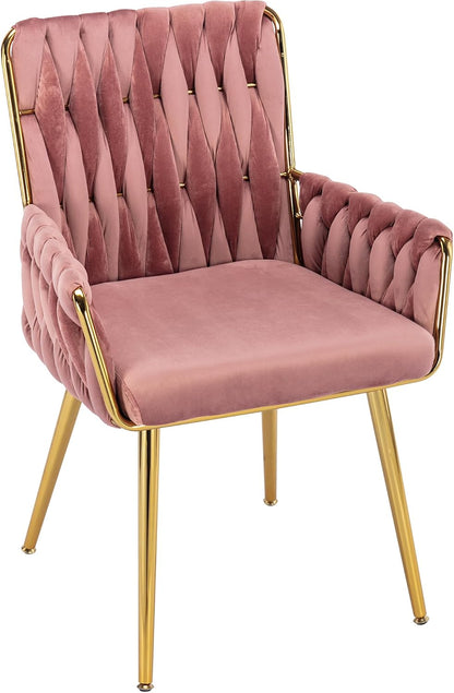 Beige Velvet Accent Chair Hand Woven Upholstered Armchair with Gold Metal Legs