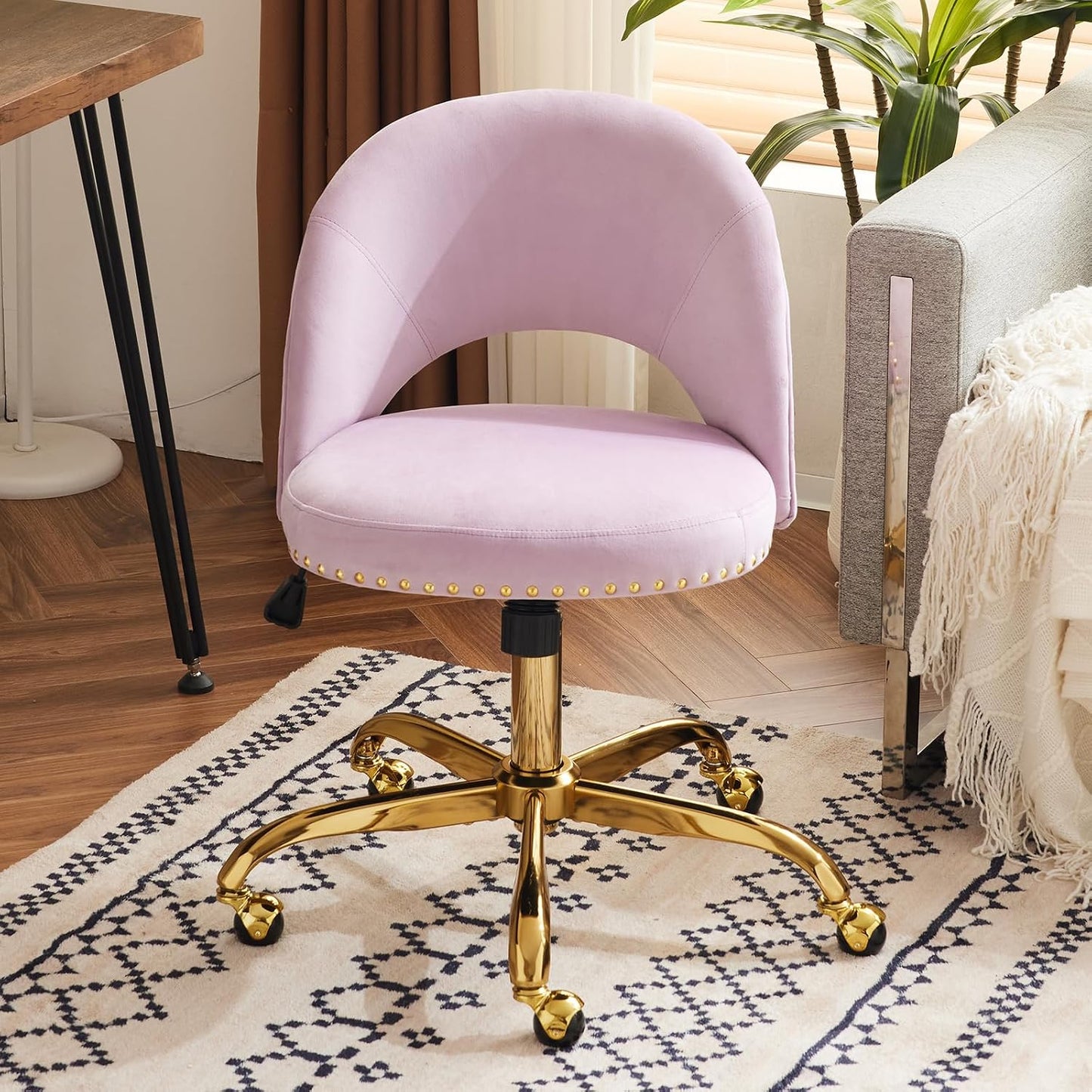 Navy Blue Velvet Office Chair Gold Swivel Rolling Vanity Desk Chair