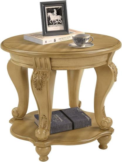 Round End Table Antique Natural Victorian Carved Side Table with Storage Shelf
