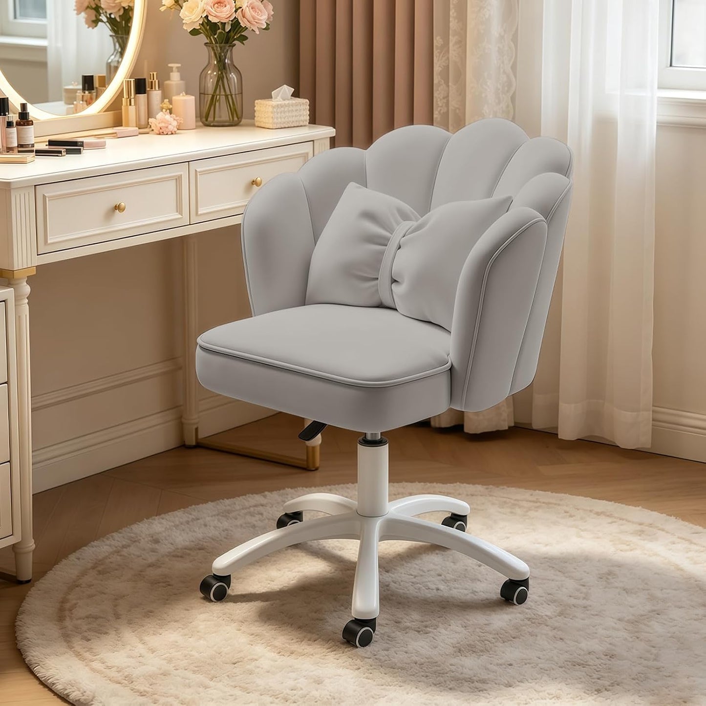Purple Velvet Petal Vanity Chair Swivel Rolling Desk Chair with Bow Cushion