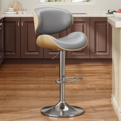 Adjustable Swivel Bar Stool Black PU Leather Walnut Bentwood Counter Chair