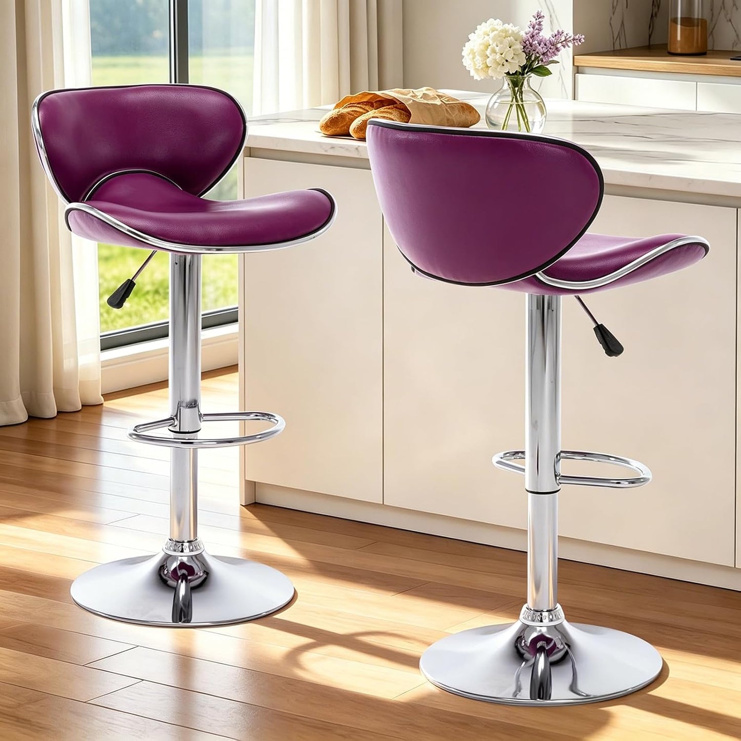 Blue Adjustable Bar Stools Set of 2 Modern Swivel Faux Leather Counter Chairs