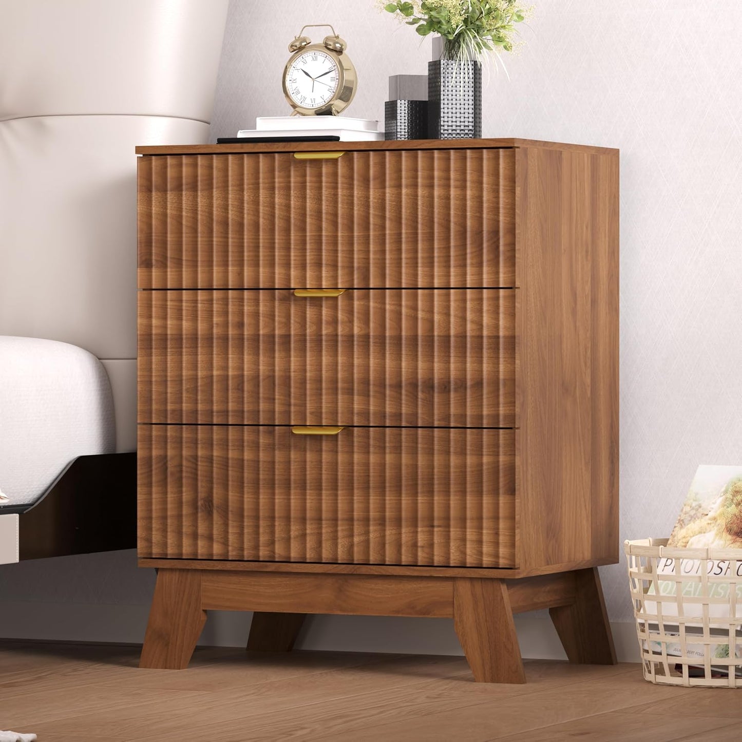 White Fluted Nightstand with 3 Drawers Modern Wide Bedside Table