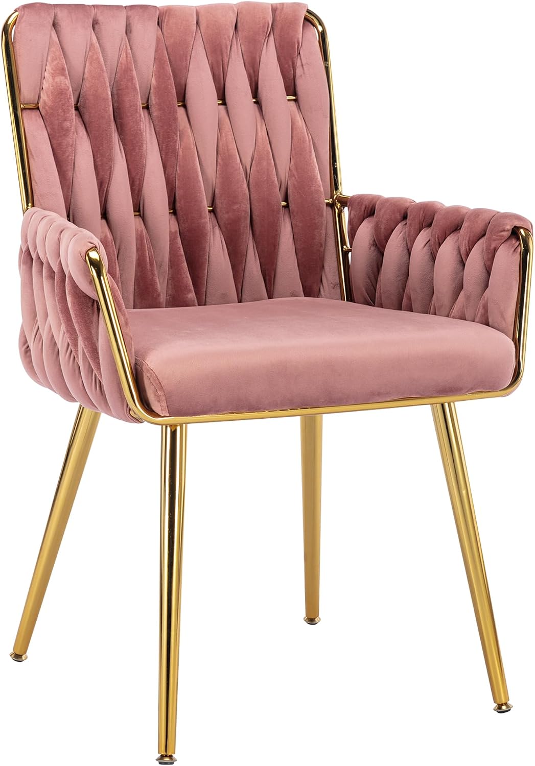 Beige Velvet Vanity Chair Hand Woven Gold Leg Upholstered Accent Chair