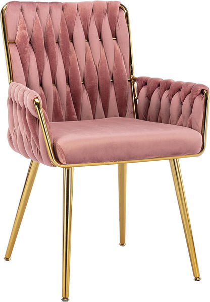 Beige Velvet Vanity Chair Hand Woven Gold Leg Upholstered Accent Chair