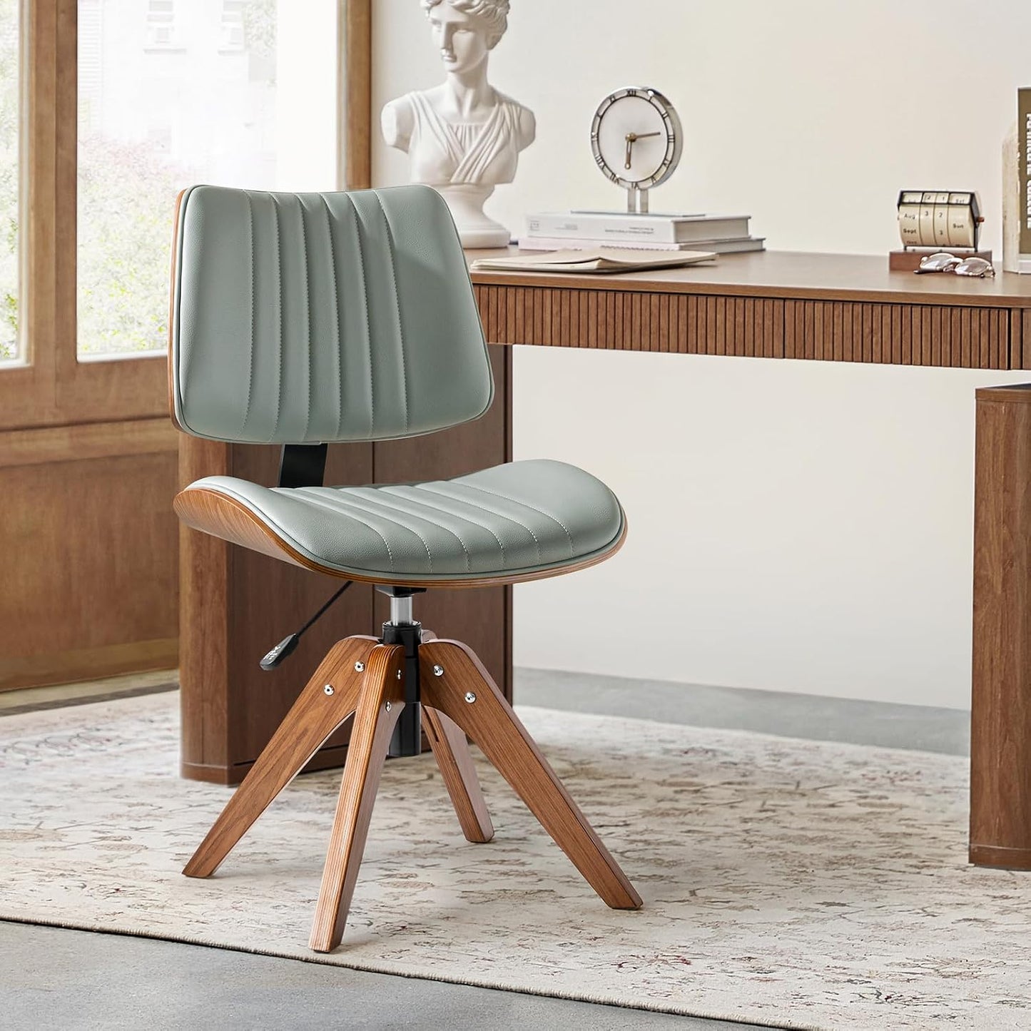 Sage Faux Leather Swivel Desk Chair Adjustable Height Wood Legs Mid Century