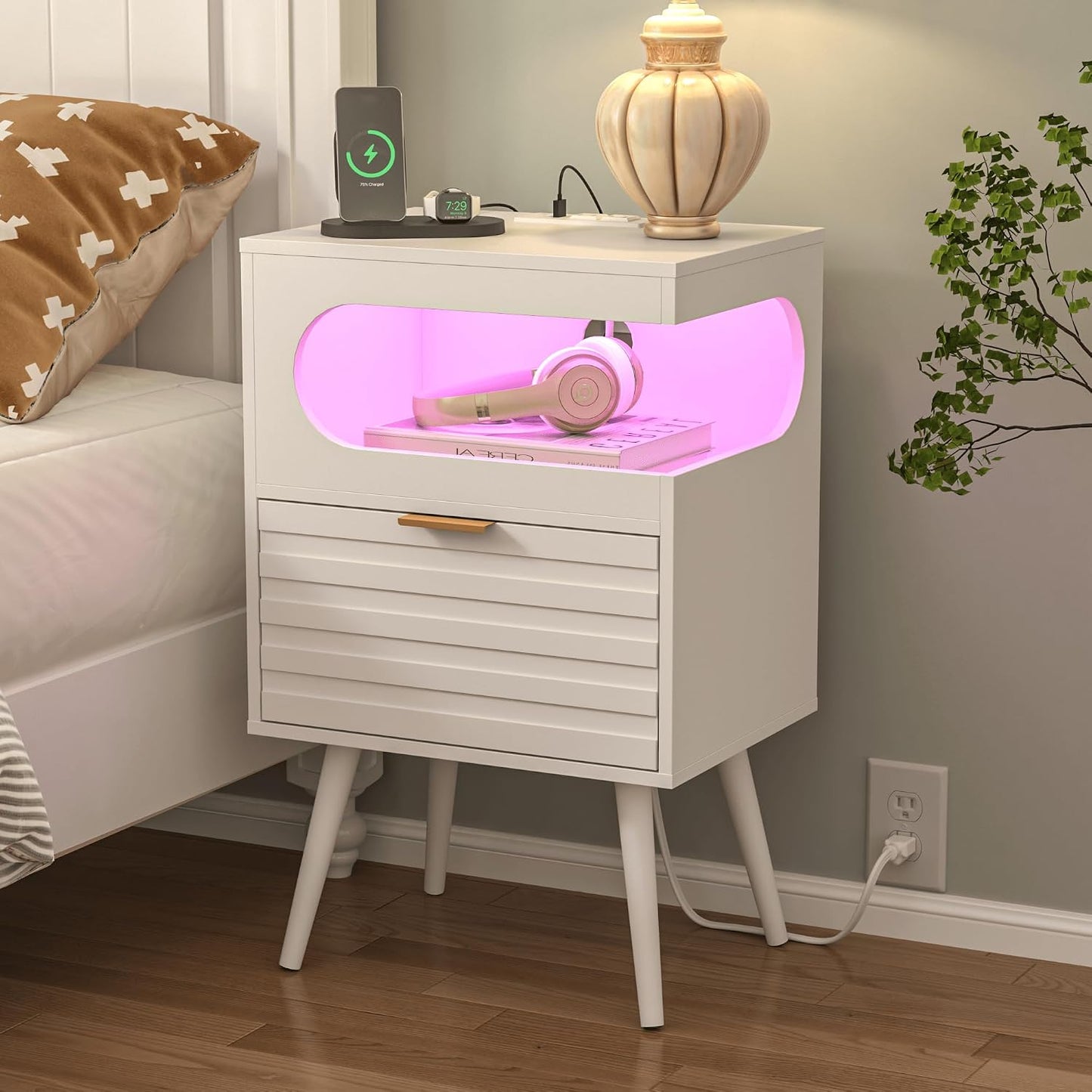 Modern Black Nightstand with Charging Station, LED Light & Storage Drawer