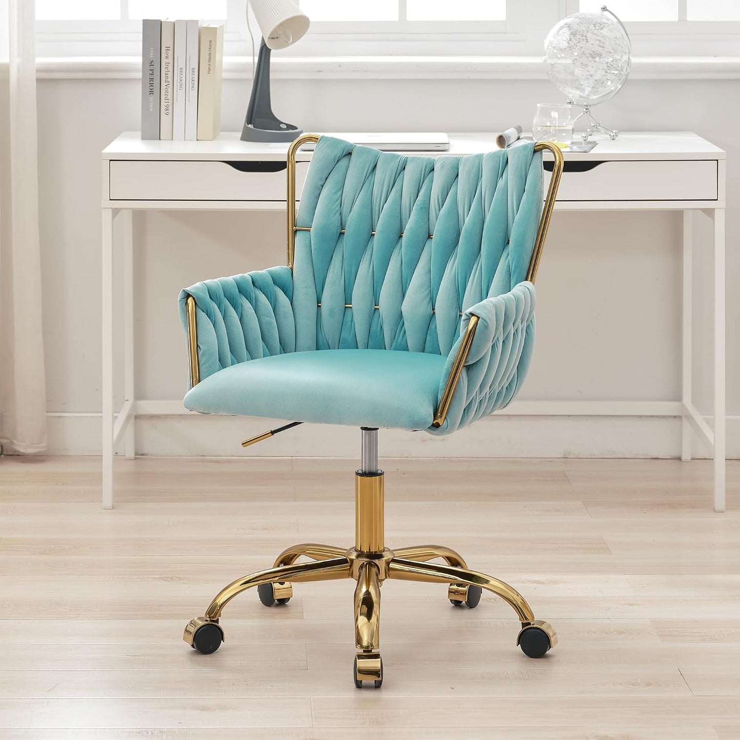 Rose Pink Velvet Vanity Chair Gold Swivel Rolling Office Chair with Wheels