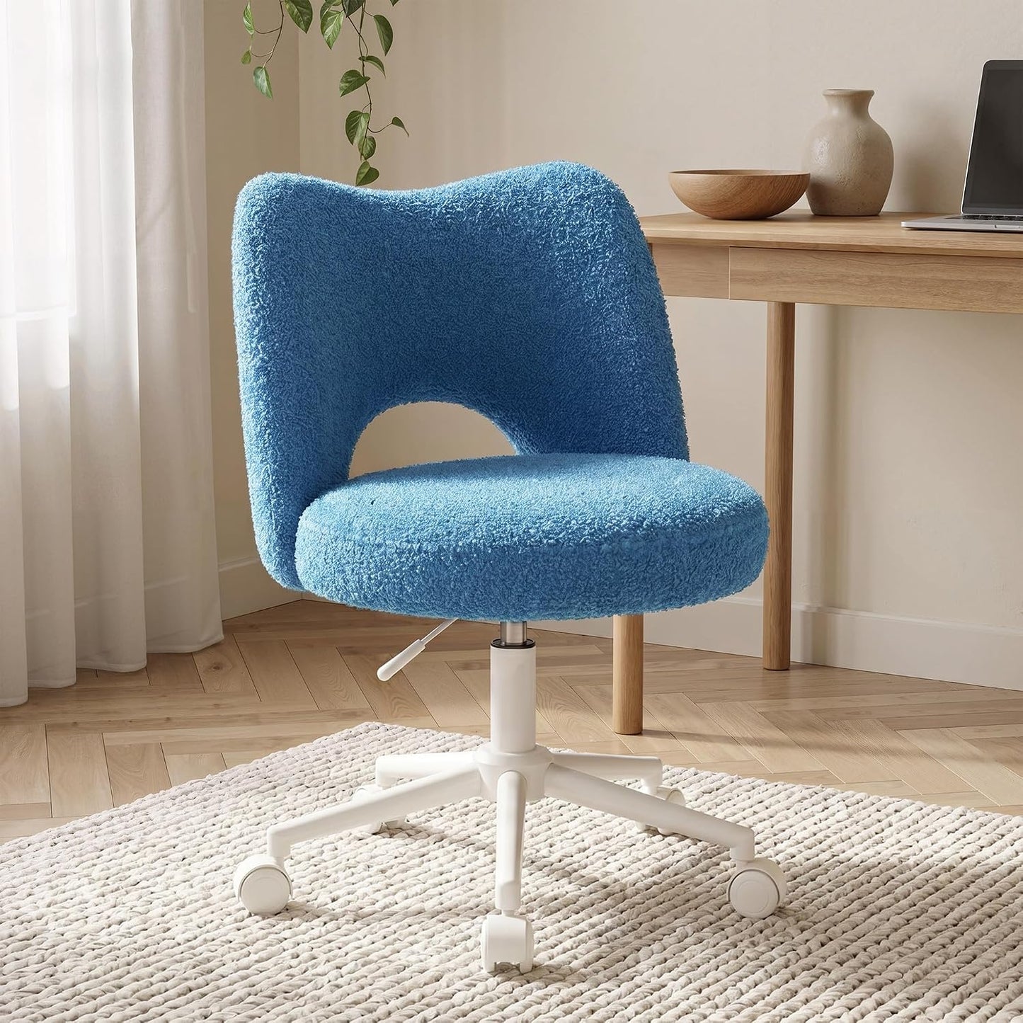 White Teddy Vanity Chair Armless Adjustable Swivel Desk Chair with Wheels