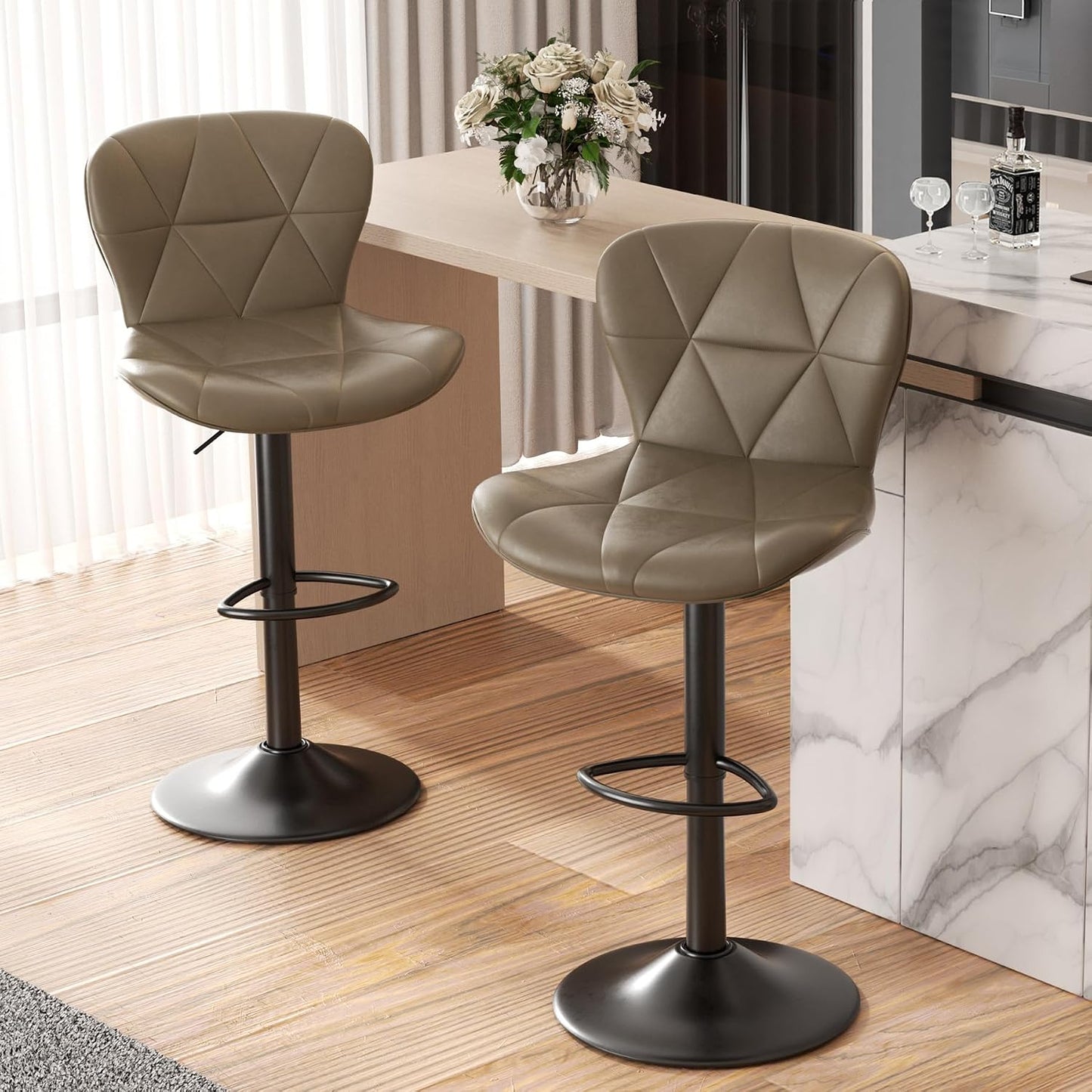Black Swivel Bar Stools Set of 2 Adjustable Faux Leather Kitchen Chairs