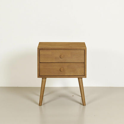 Solid Rubberwood 2-Drawer Nightstand – Sand Mid-Century Bedside Table