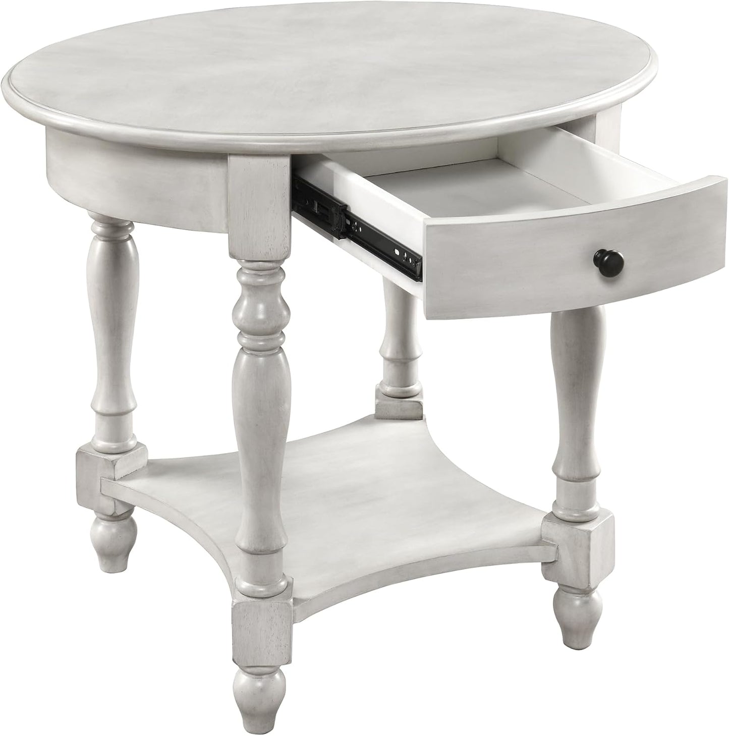 Solid Wood Oval End Table with Drawer and Lower Storage Shelf