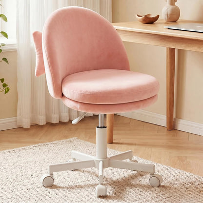 Pink Velvet Vanity Chair Adjustable Swivel Rolling Desk Chair with Lumbar Pillow