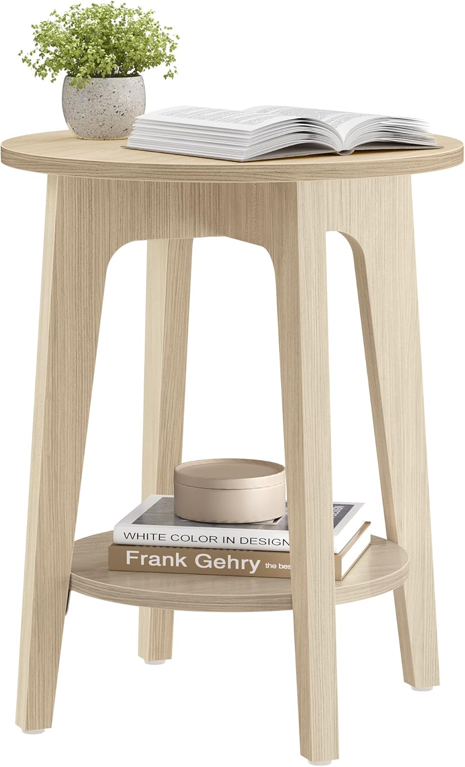 Round Wood Side Table with Lower Shelf Mid Century End Table