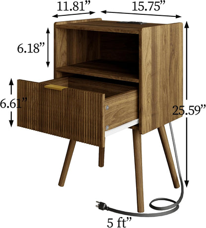 Modern Walnut Brown Fluted Nightstand with Drawer & Open Shelf