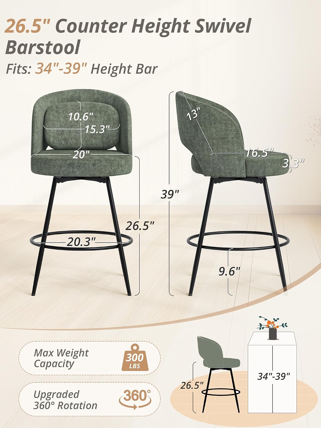 26 Inch Swivel Counter Height Bar Stools Linen Upholstered Black Metal Set of 2