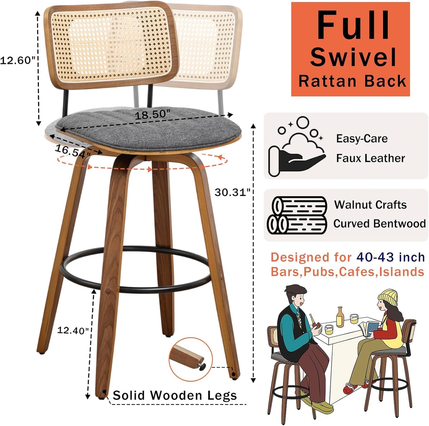 Walnut Rattan Swivel Bar Stool Cane Back Beige Faux Leather 30 Inch