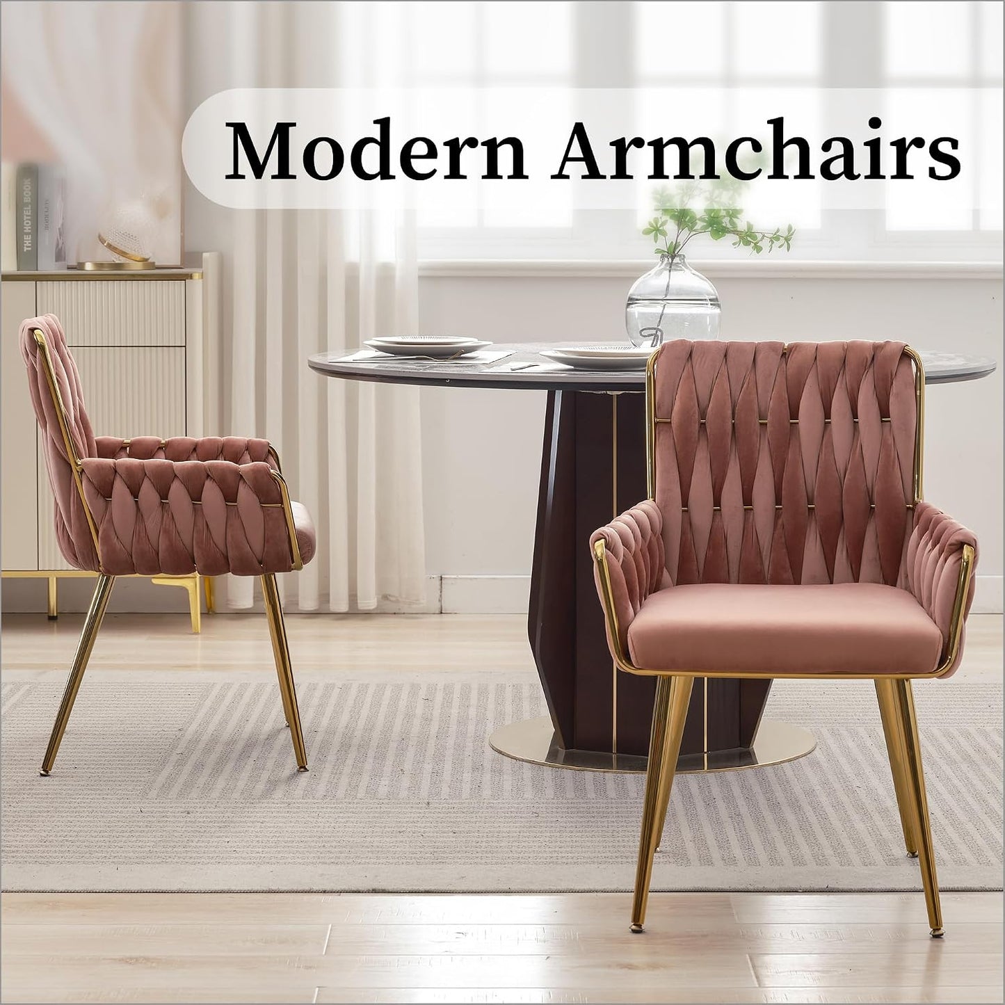 Beige Velvet Accent Chair Hand Woven Upholstered Armchair with Gold Metal Legs
