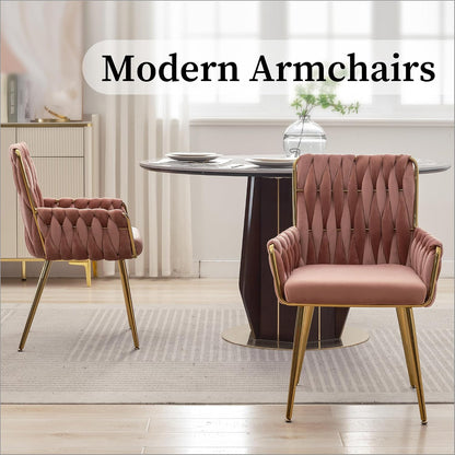 Beige Velvet Accent Chair Hand Woven Upholstered Armchair with Gold Metal Legs