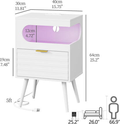 Modern Black Nightstand with Charging Station, LED Light & Storage Drawer
