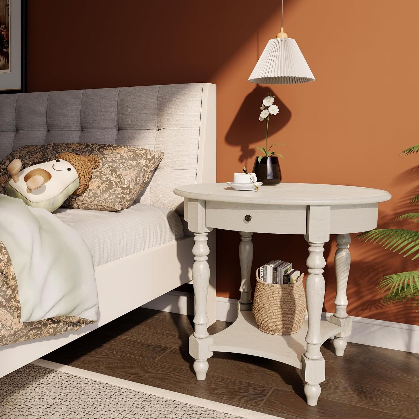 Solid Wood Oval End Table with Drawer and Lower Storage Shelf