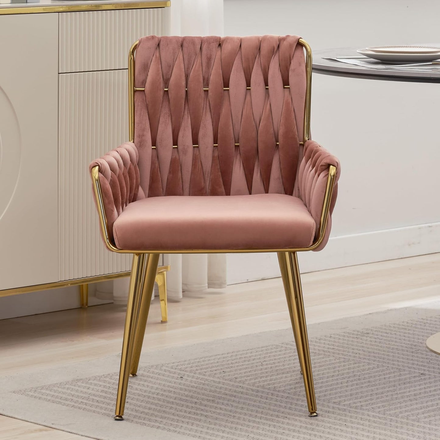 Beige Velvet Vanity Chair Hand Woven Gold Leg Upholstered Accent Chair