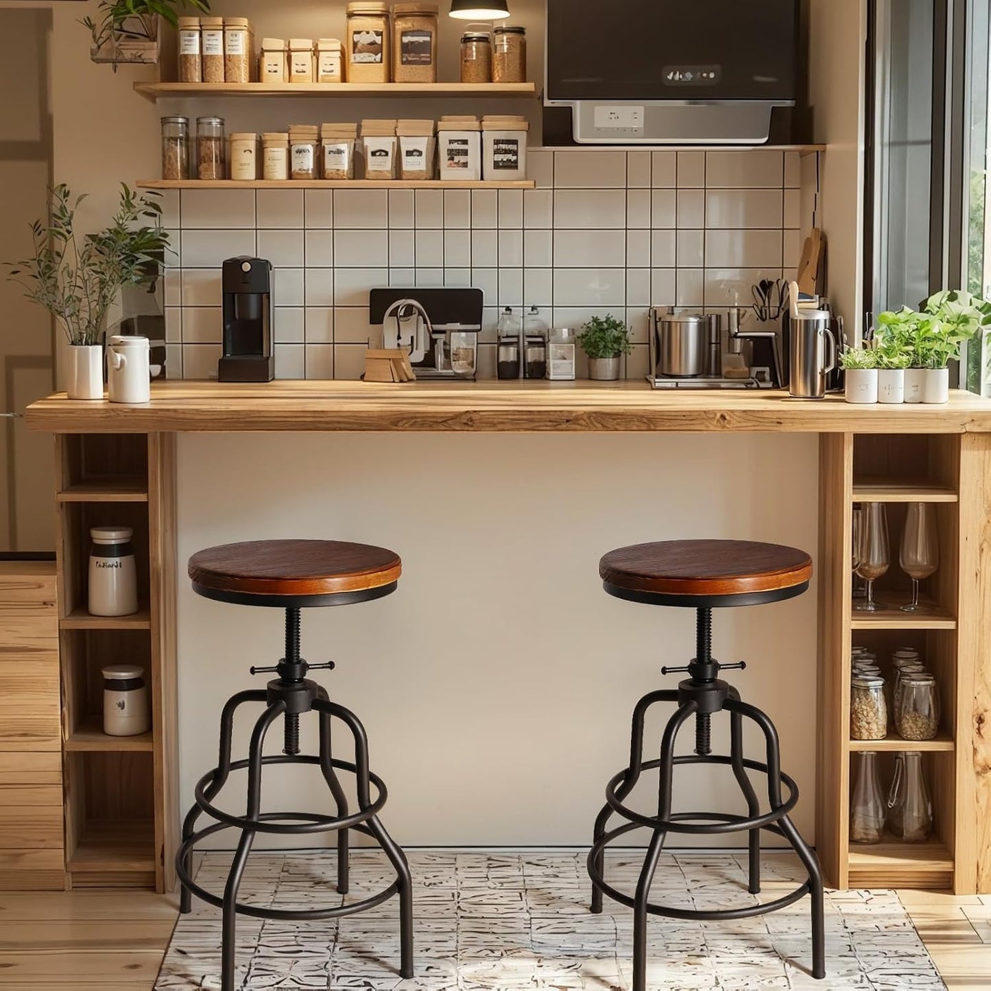 Industrial Swivel Bar Stools Set of 2 Adjustable Wood Counter Height Stools
