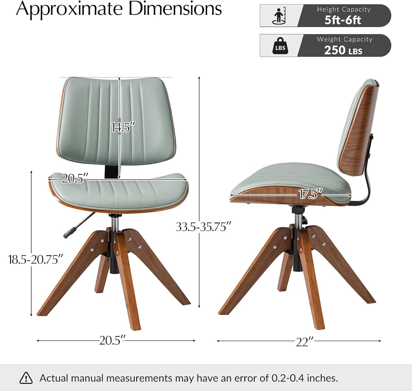 Sage Faux Leather Swivel Desk Chair Adjustable Height Wood Legs Mid Century