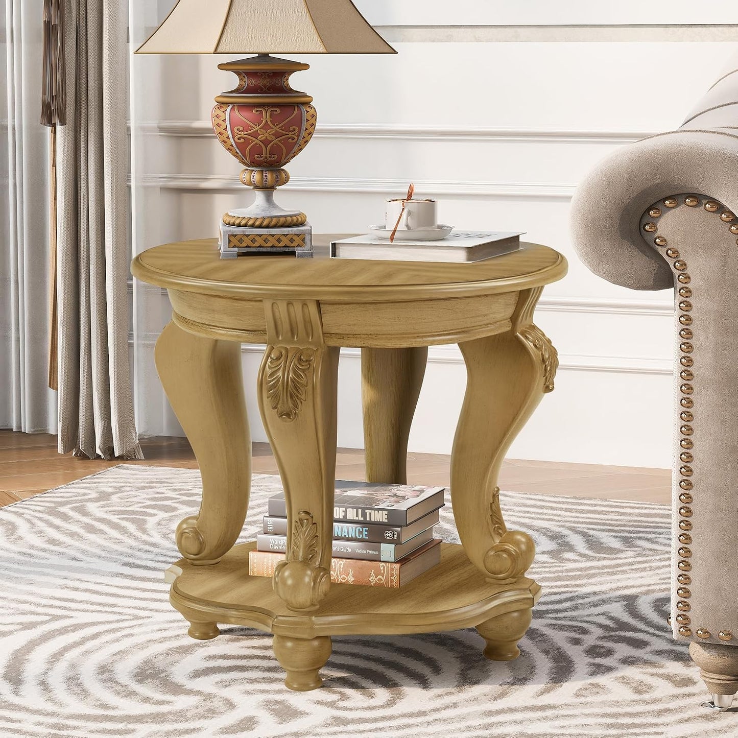 Round End Table Antique Natural Victorian Carved Side Table with Storage Shelf
