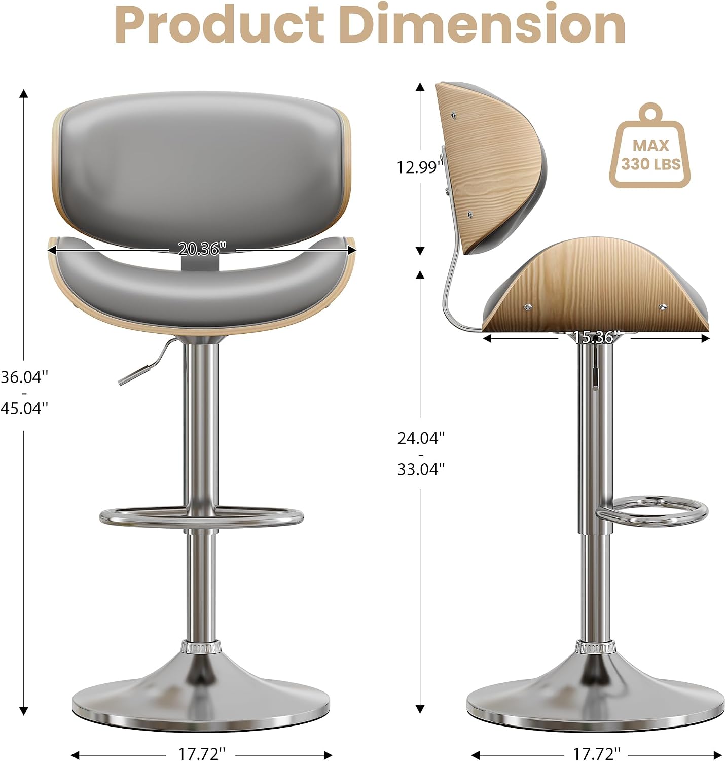 Adjustable Swivel Bar Stool Black PU Leather Walnut Bentwood Counter Chair