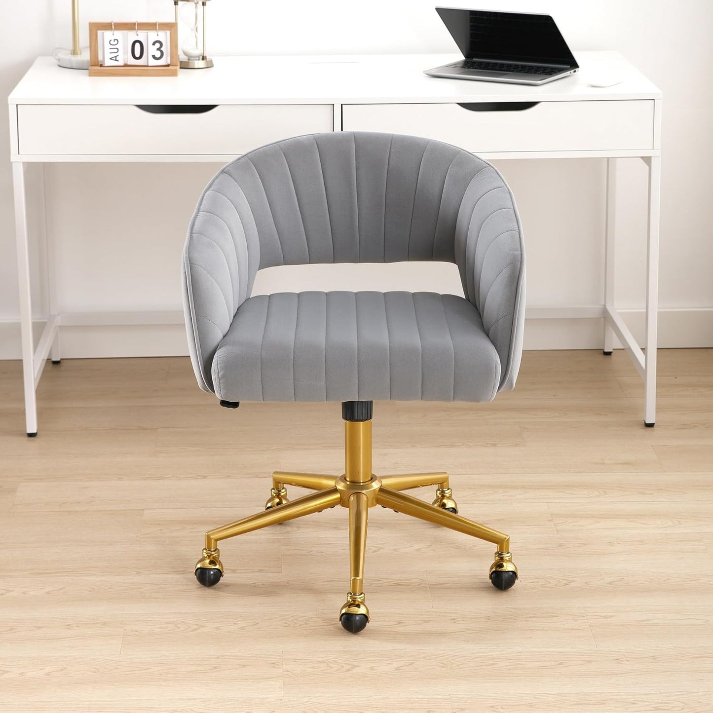 Red Velvet Swivel Desk Chair Adjustable Vanity Chair with Gold Base and Wheels