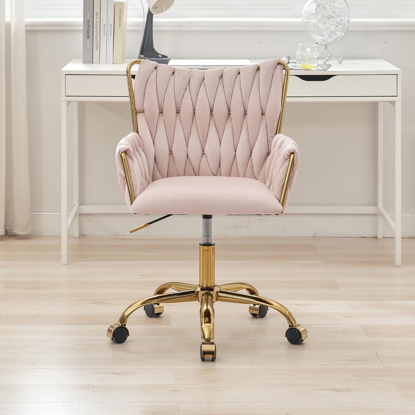 Black Velvet Swivel Desk Chair Hand Woven High Back Gold Base Adjustable Height