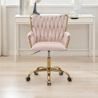 Black Velvet Swivel Desk Chair Hand Woven High Back Gold Base Adjustable Height