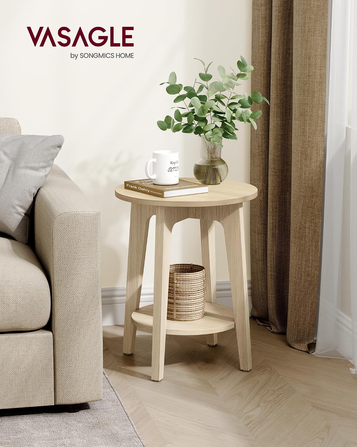 Round Wood Side Table with Lower Shelf Mid Century End Table