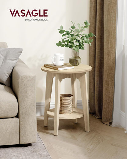 Round Wood Side Table with Lower Shelf Mid Century End Table