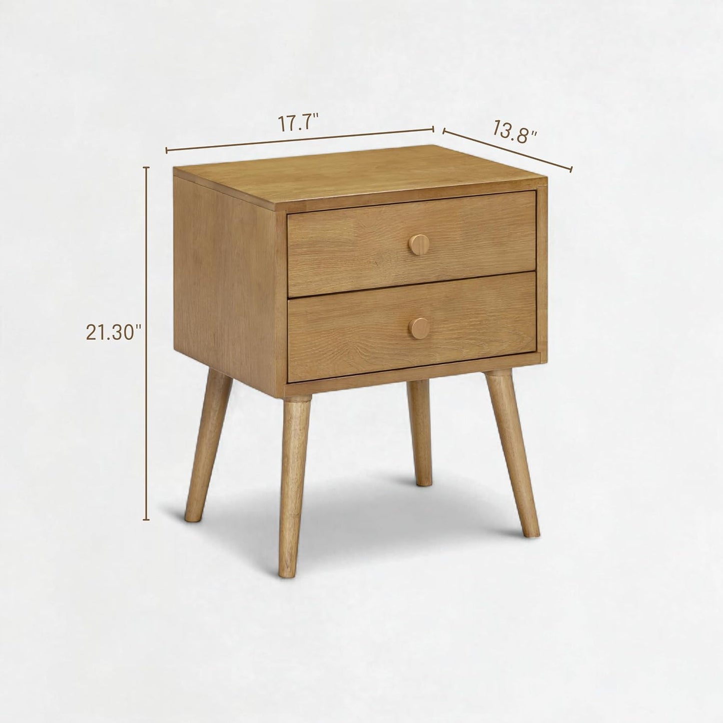 Solid Rubberwood 2-Drawer Nightstand – Sand Mid-Century Bedside Table