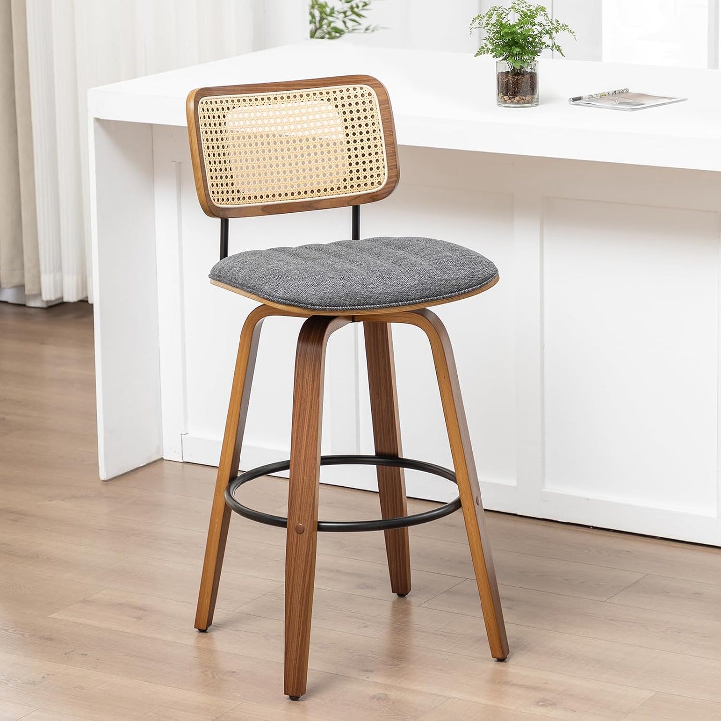 Walnut Rattan Counter Stool with Cane Back Grey Fabric Seat 26 Inch