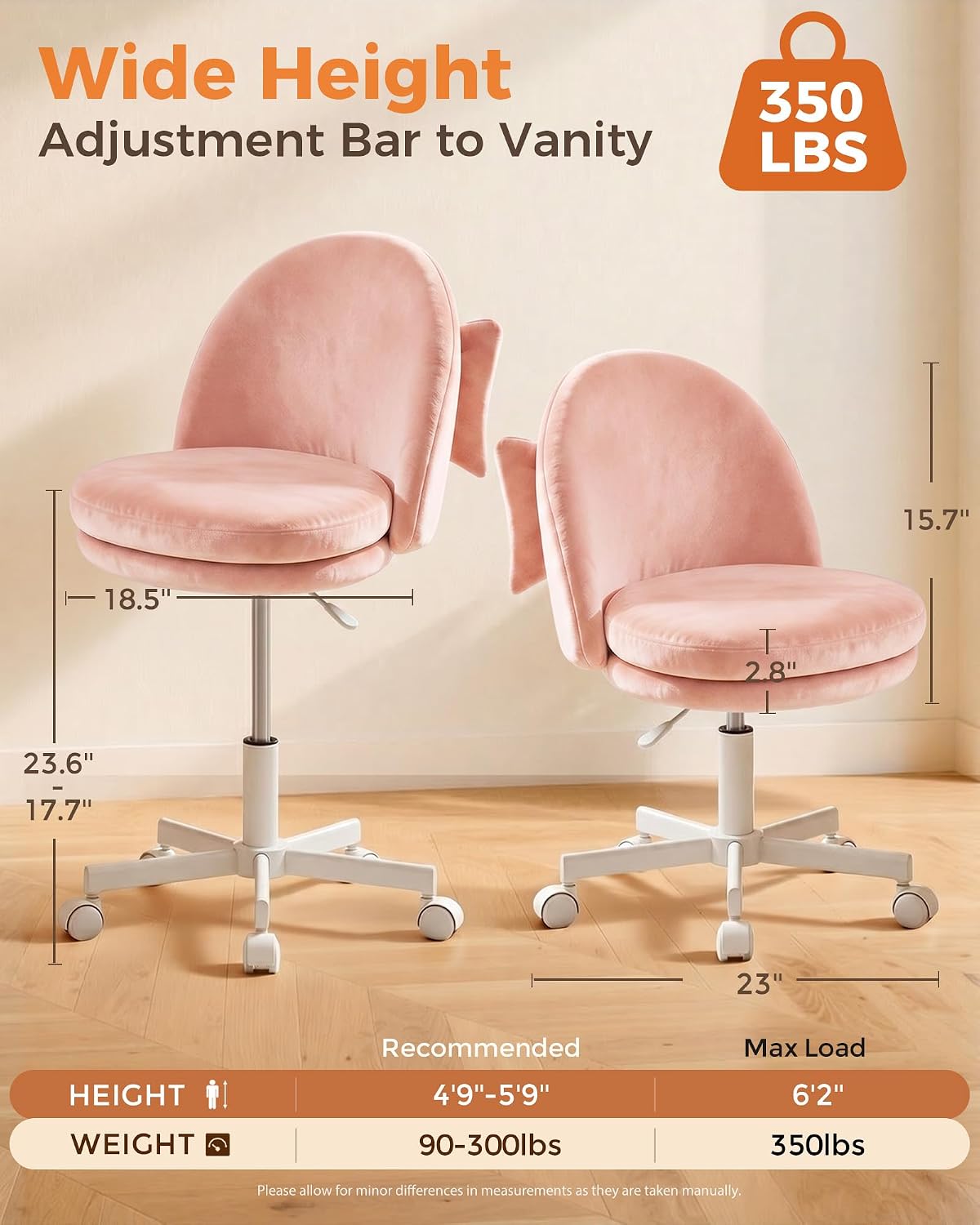 Pink Velvet Vanity Chair Adjustable Swivel Rolling Desk Chair with Lumbar Pillow