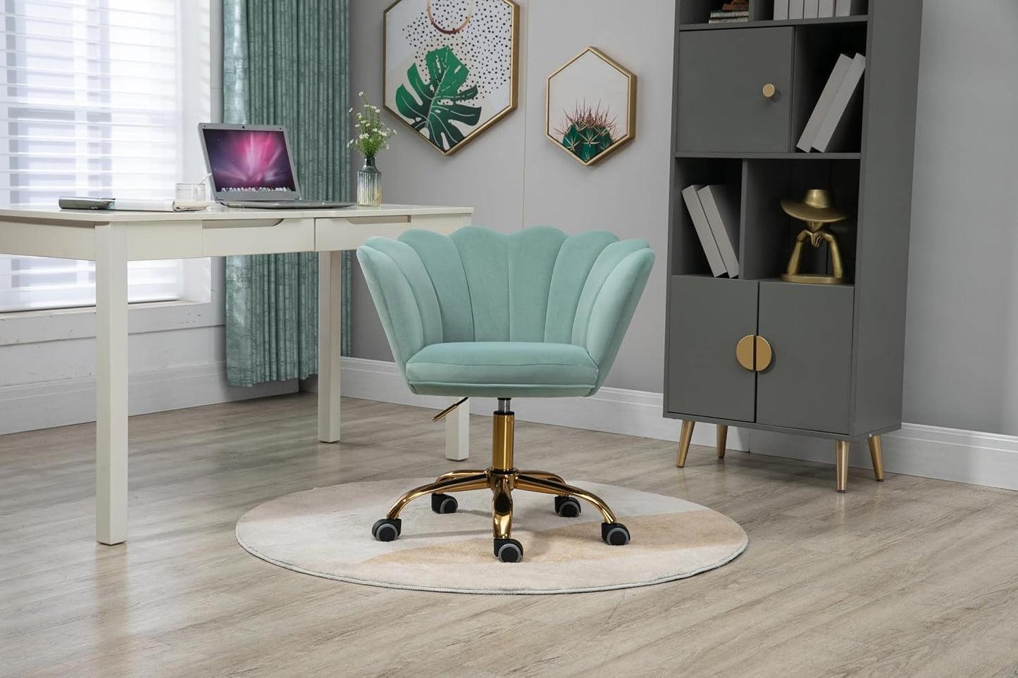 Blue Velvet Office Chair Adjustable Swivel Vanity Chair with Gold Base