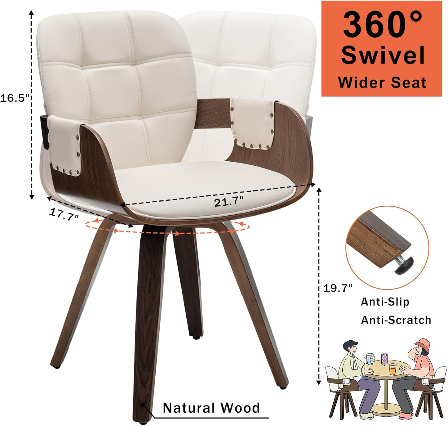 Walnut Brown Swivel Dining Chair with Arms Faux Leather Mid Century Chair
