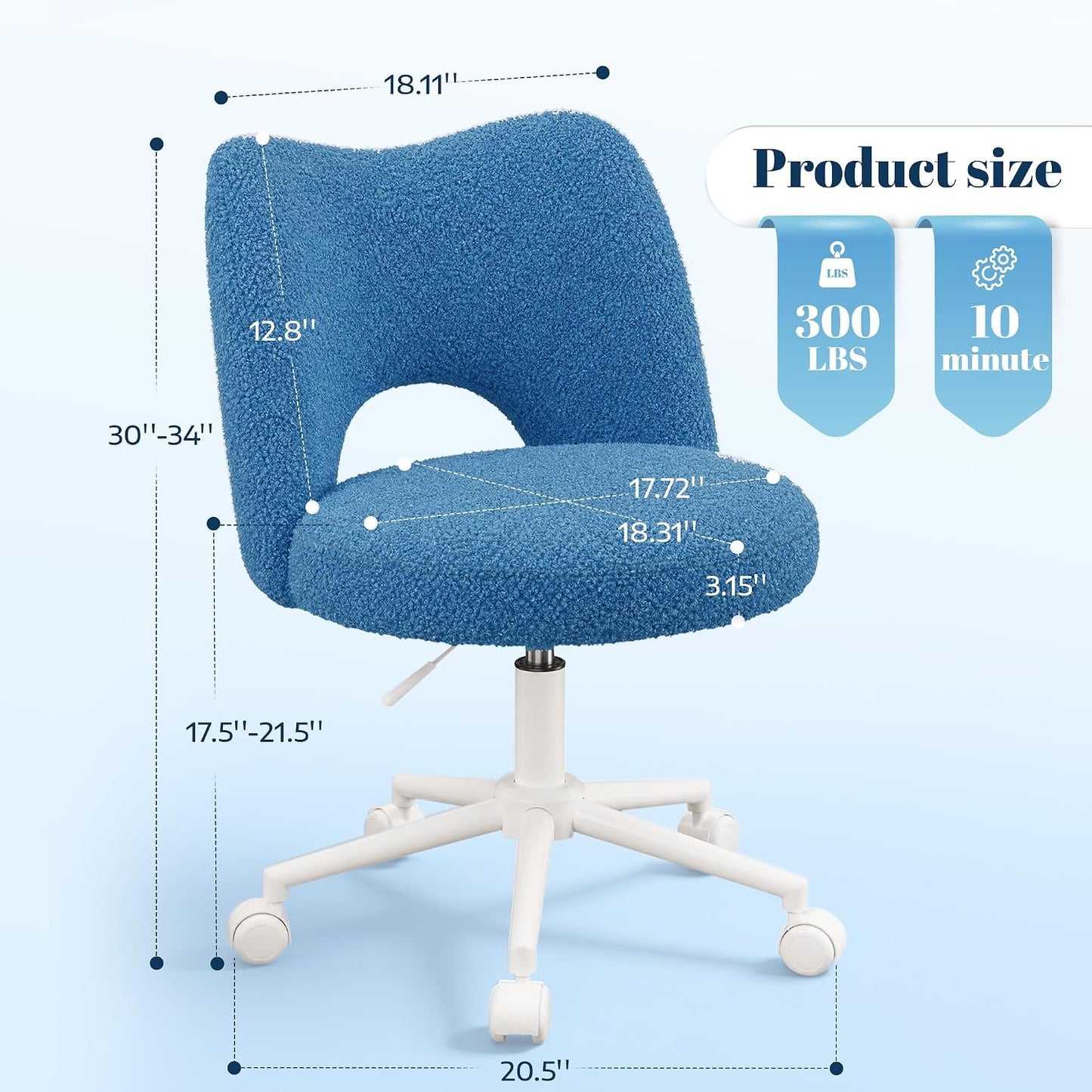 White Teddy Vanity Chair Armless Adjustable Swivel Desk Chair with Wheels
