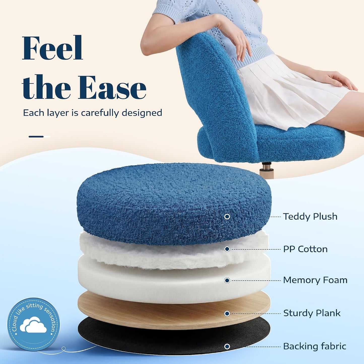White Teddy Vanity Chair Armless Adjustable Swivel Desk Chair with Wheels