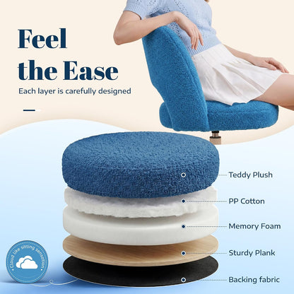 White Teddy Vanity Chair Armless Adjustable Swivel Desk Chair with Wheels