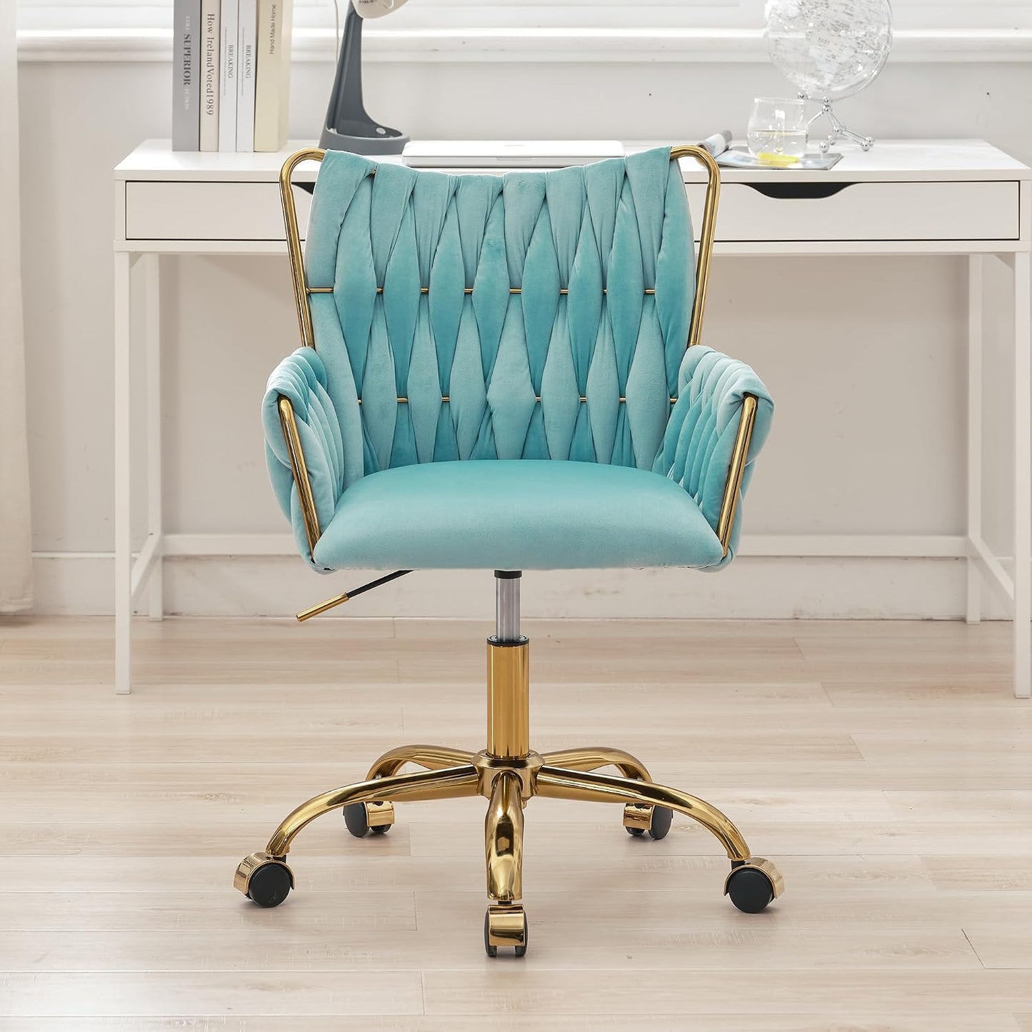 Rose Pink Velvet Vanity Chair Gold Swivel Rolling Office Chair with Wheels