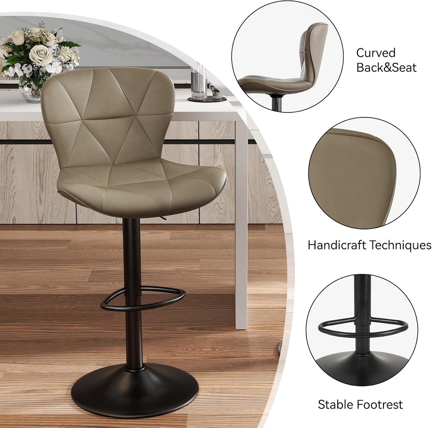 Black Swivel Bar Stools Set of 2 Adjustable Faux Leather Kitchen Chairs