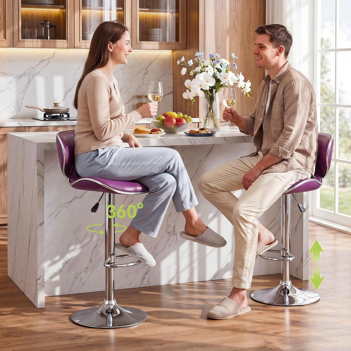 Blue Adjustable Bar Stools Set of 2 Modern Swivel Faux Leather Counter Chairs